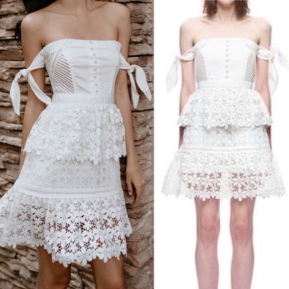 Self Portrait- White Off Shoulder Guipure Corset and Lace Tiered Mini Dress Size - Picture 1 of 13